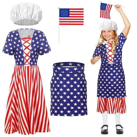 Other - 4 Pc Patriotic Costume 4th of July Outfit for Kids  Dress Apron Cap Large